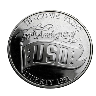 1991 USO 50th Anniversary Silver Proof USA $1 (Capsule) - Click Image to Close